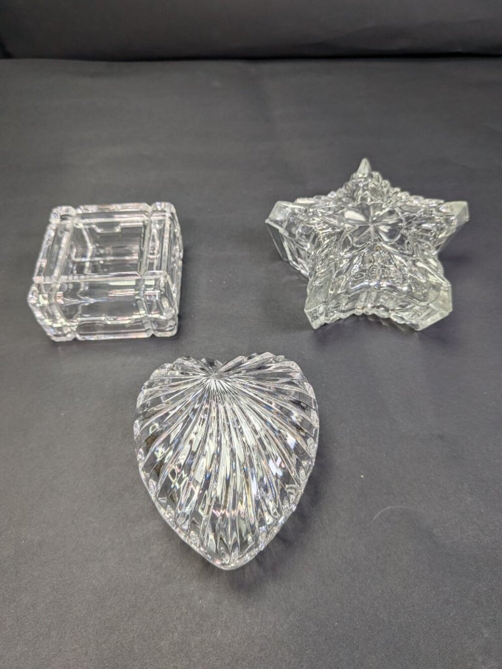 Set of 3 Clear Cut Glass Lidded Trinket Dishes Heart Square Star Snowflake